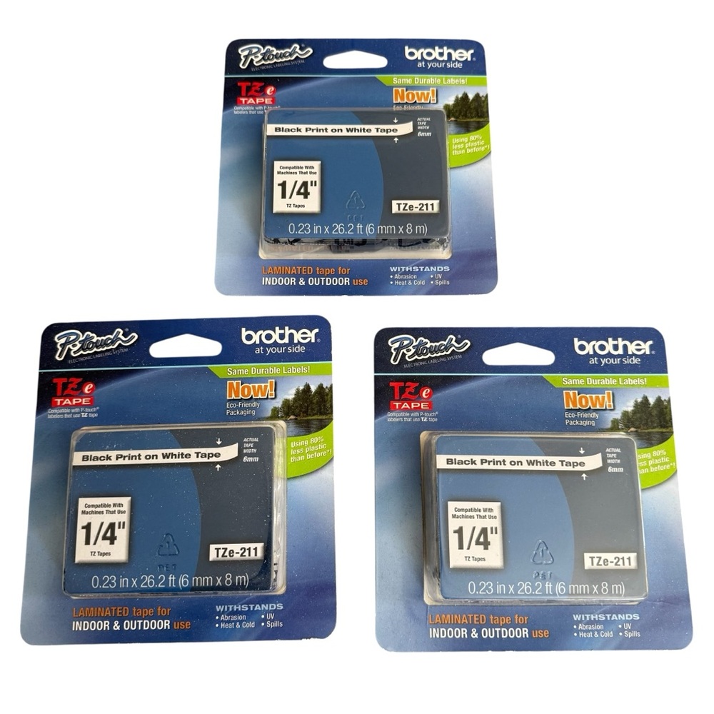 Lot of 3 Brother TZe-211 Black Print on White Tape P-touch Electronic Labeling